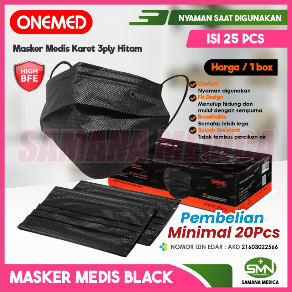 GROSIR Masker Bedah Hitam / Masker Medis Hitam ONEMED 3PLY - Nyaman dan Aman