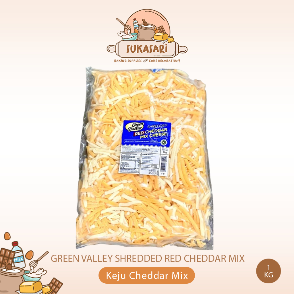 

Green Valley Shredded Red cheddar Mix Cheese 1kg pack keju Orange yellow mix