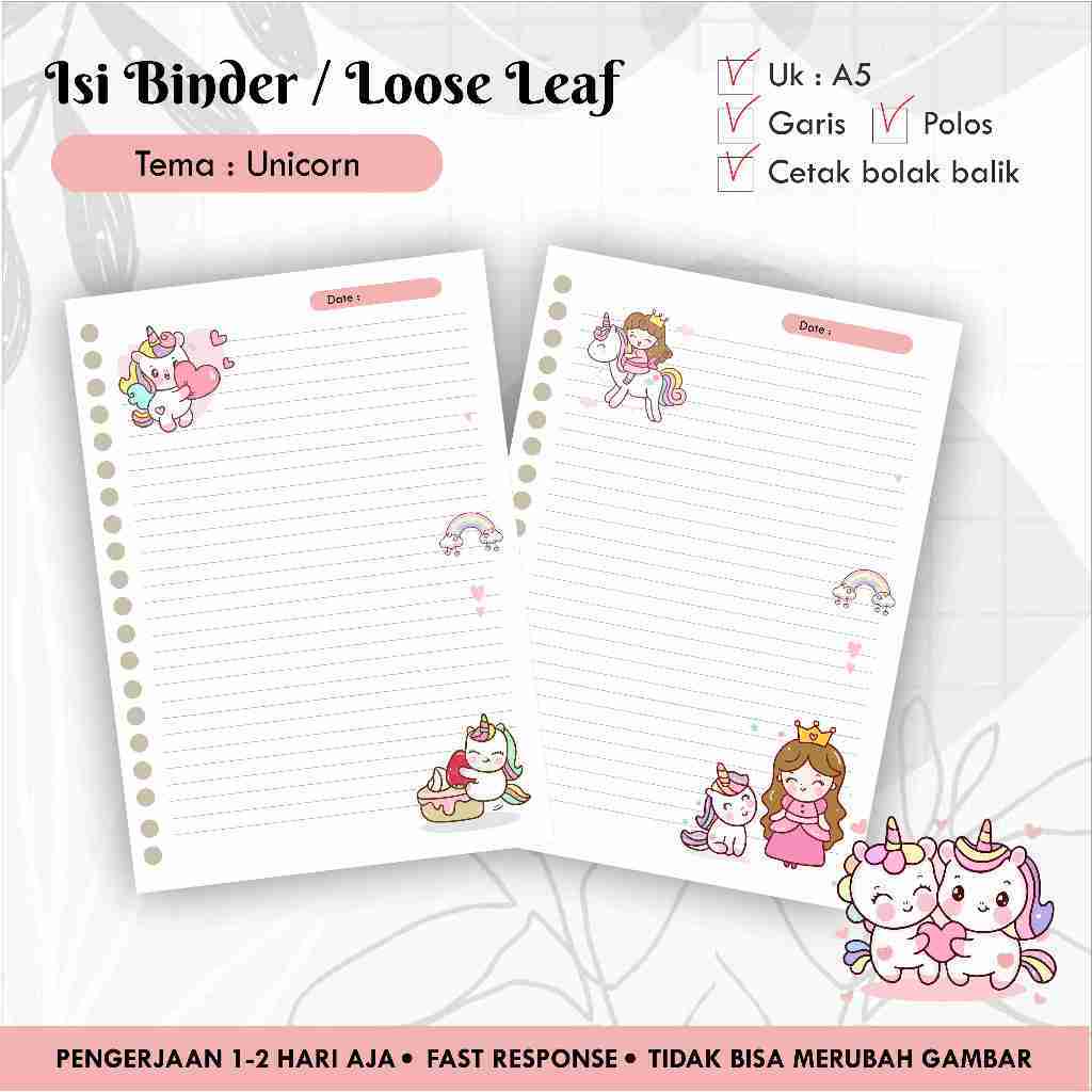 

[10 pcs] Isi Binder / Loose leaf gambar A5 Tema UNICORN / Refill Map Binder / Garis Polos