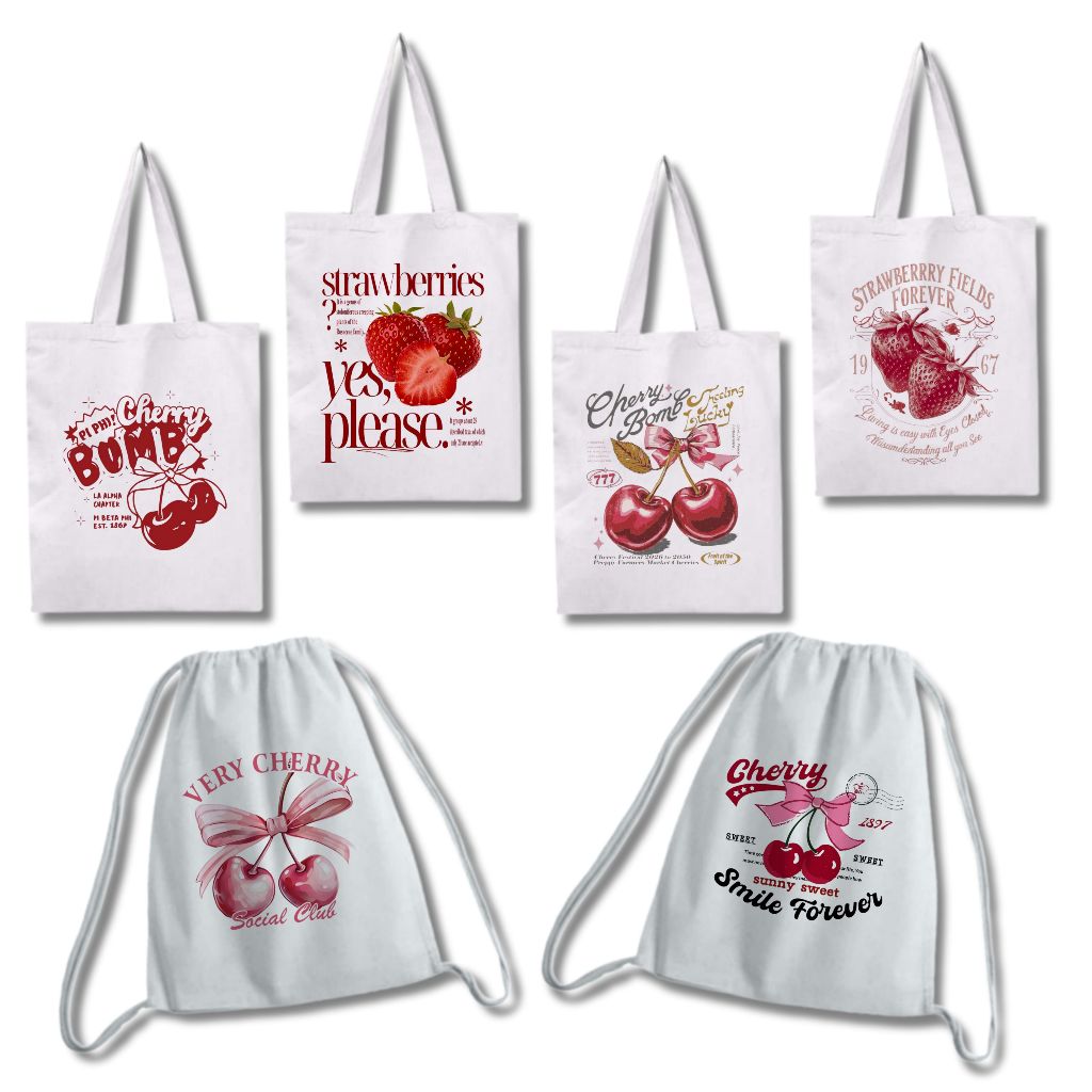 Tote Bag & String Bag Canvas cherry stawberry aesthetic coquette