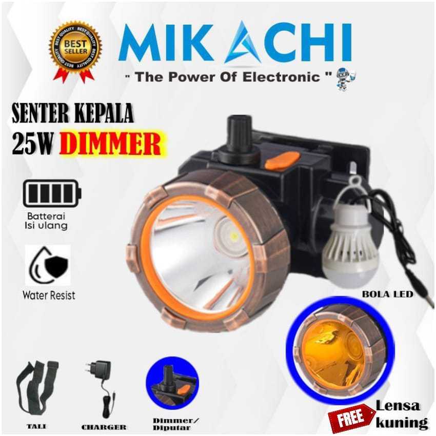 Senter Kepala Led Mikachi 25-30W  Dimmer Cayaha Putih Terang Baterai lepas