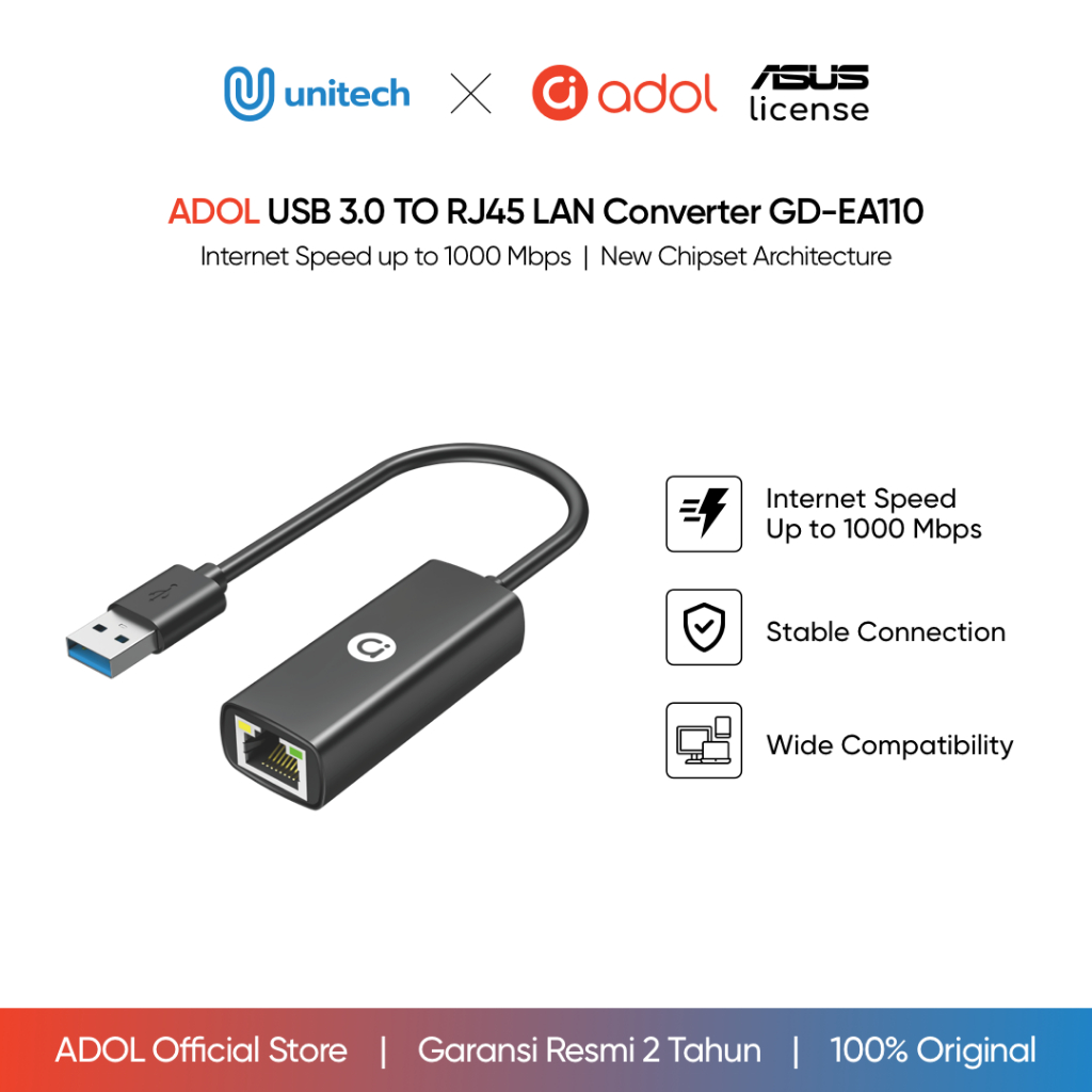 USB 3.0 to RJ45 LAN Converter 1000Mbps | Gigabit Ethernet Adapter | ADOL Asus License | Unitech