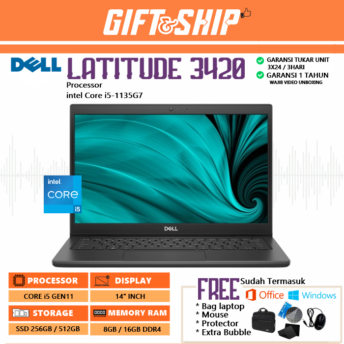 DELL LATITUDE 3420 Core i5-1135G7 [RAM 16GB/512GB SSD] 14" INCH IRIS Xe W 11 free BAG LAPTOP-MOUSE