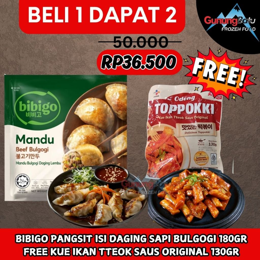 

BELI 1 DAPAT 2 BIBIGO MANDU BEEF BULGOGI (PANGSIT ISI DAGING SAPI BULGOGI 180GR) FREE ODENG TOPPOKKI (KUE IKAN TTEOK SAUS ORIGINAL 130GR)