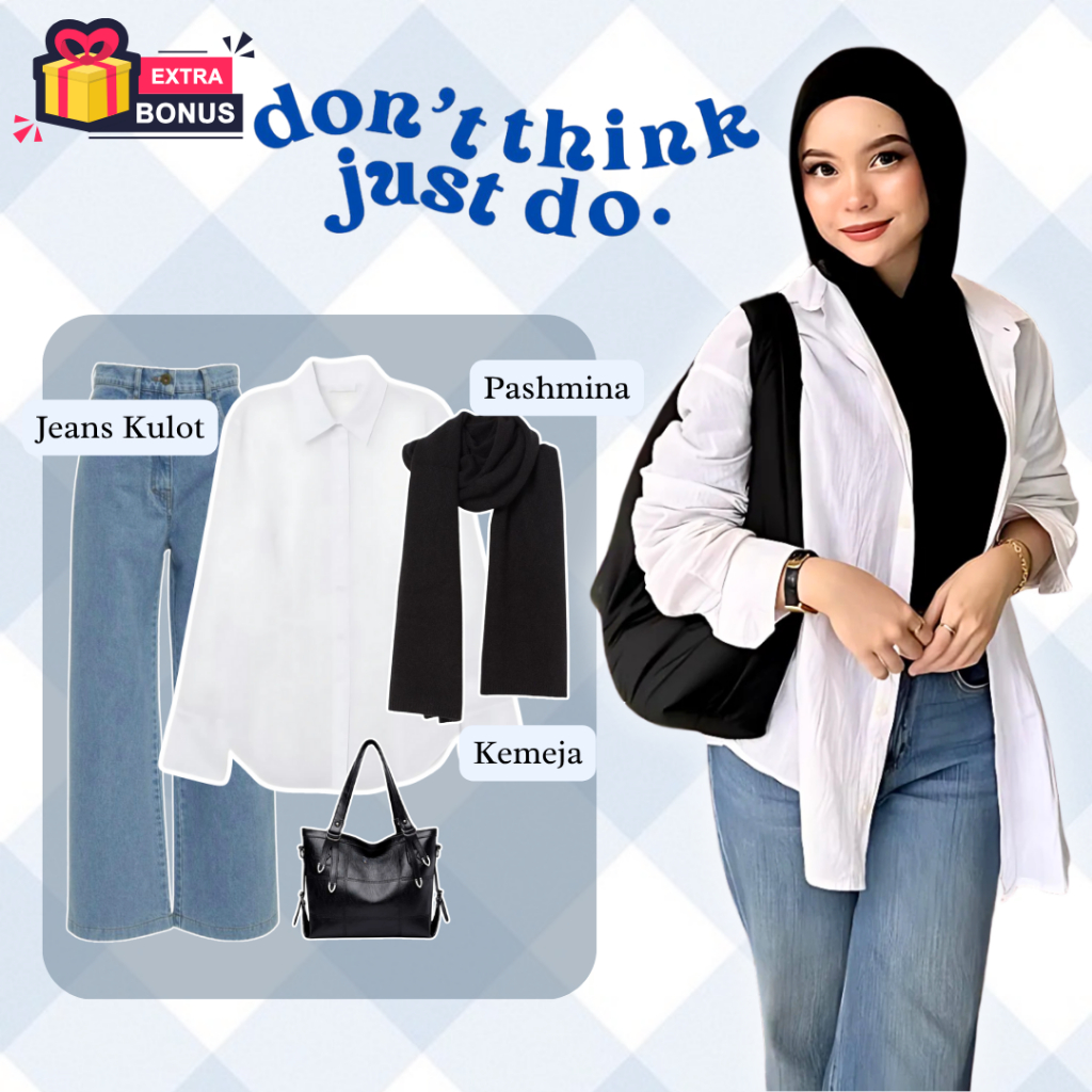 One set 3in1 Setelan wanita hijab kemeja polos basic putih celana kulot jeans snow acid biru muda ab
