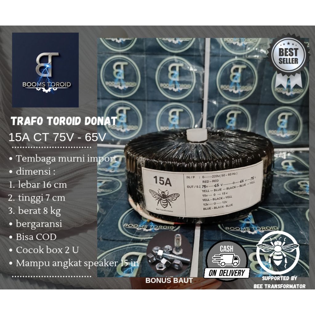 trafo toroid donat 15A CT 75V - 65V murni