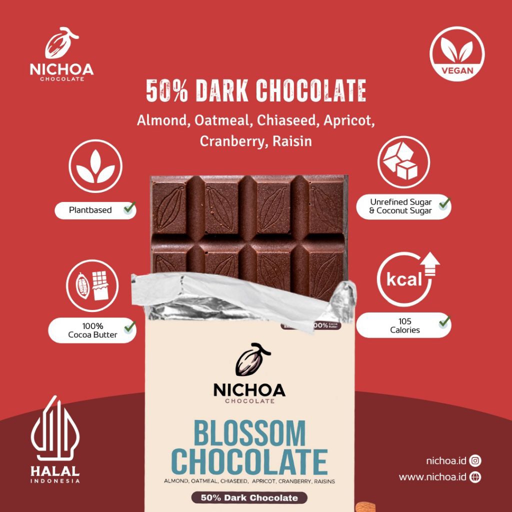 

Nichoa Asi Booster - Blossom Chocolate (Almond, Oatmeal, Chiaseed, Dried Fruit) - 50% Dark Chocolate - Vegan
