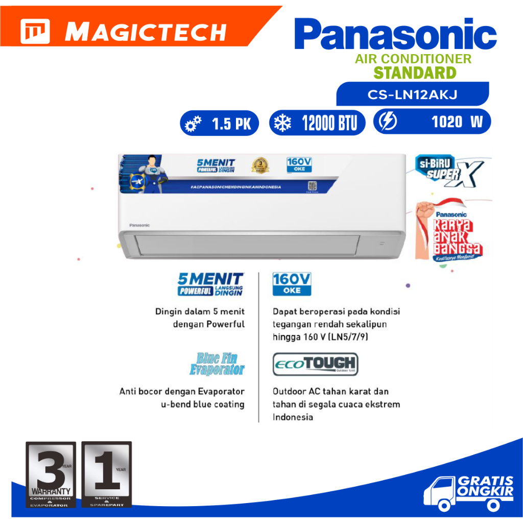 PANASONIC AC 1.5 PK (1,5 PK) CS/CU-LN12WKJ SI-BIRU LOW VOLTAGE - R32