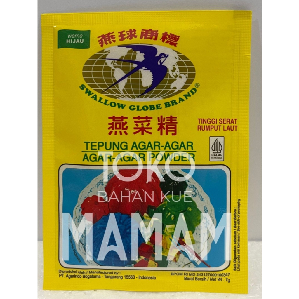 

Agar-Agar Swallow Globe Hijau 7gr - Bubuk Agar Hijau | Bahan Puding / Kue Lapis / Dessert Segar
