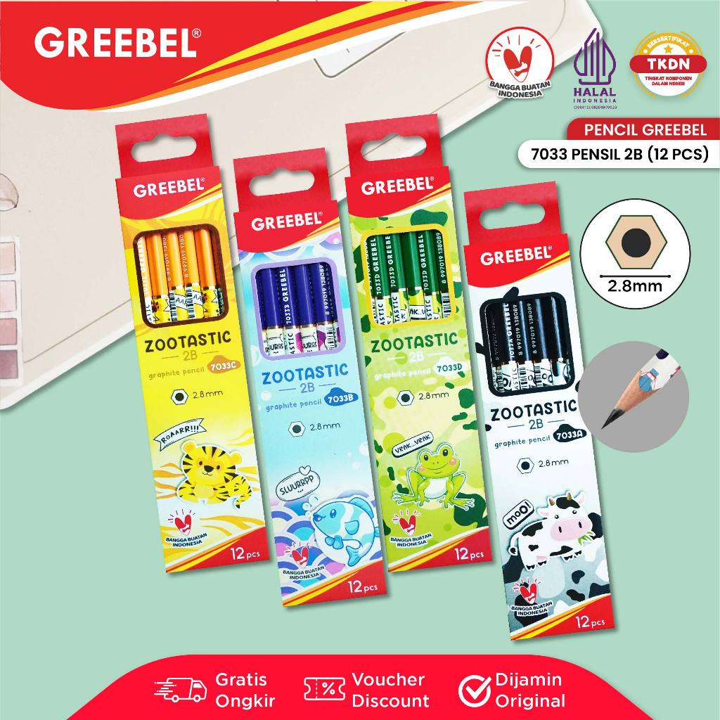 

GREEBEL Pensil Kayu 2B (7033) Zootastic / Pensil Tulis Ujian Graphite Gambar