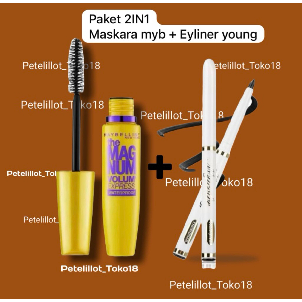 Paket Maskara 2IN1 Maskara Kemasan Hitam Maybelline + Eyeliner hitam