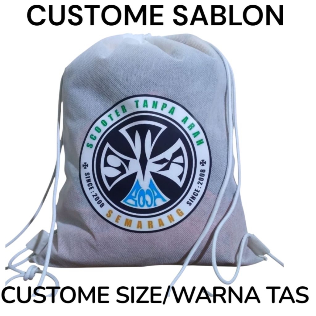 

Tas Promosi Perusahaan String Bag Bahan spundbond/Puring Hitam/Putih Polos Custome ukuran Sablon Olahraga Travelling