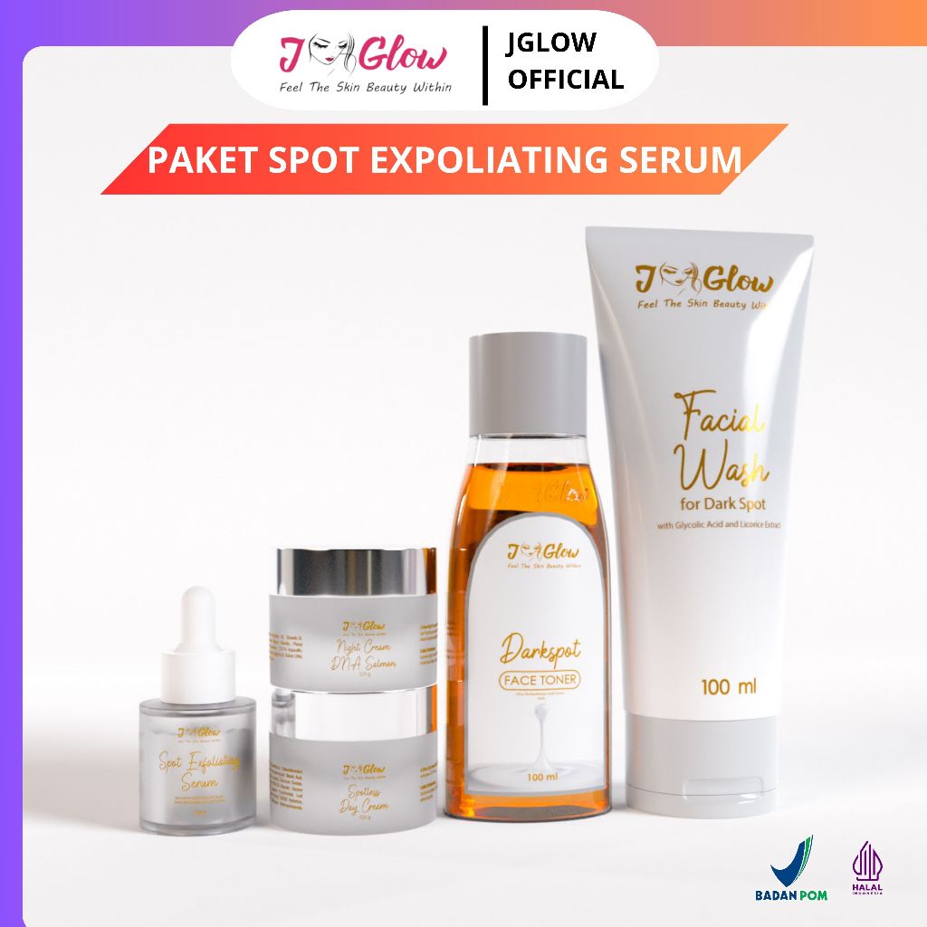 JGLOW Paket Flek Spot Whitening 5in1 Skincare Mengatasi Flek Hitam, Kusam & Cerahkan Wajah BPOM