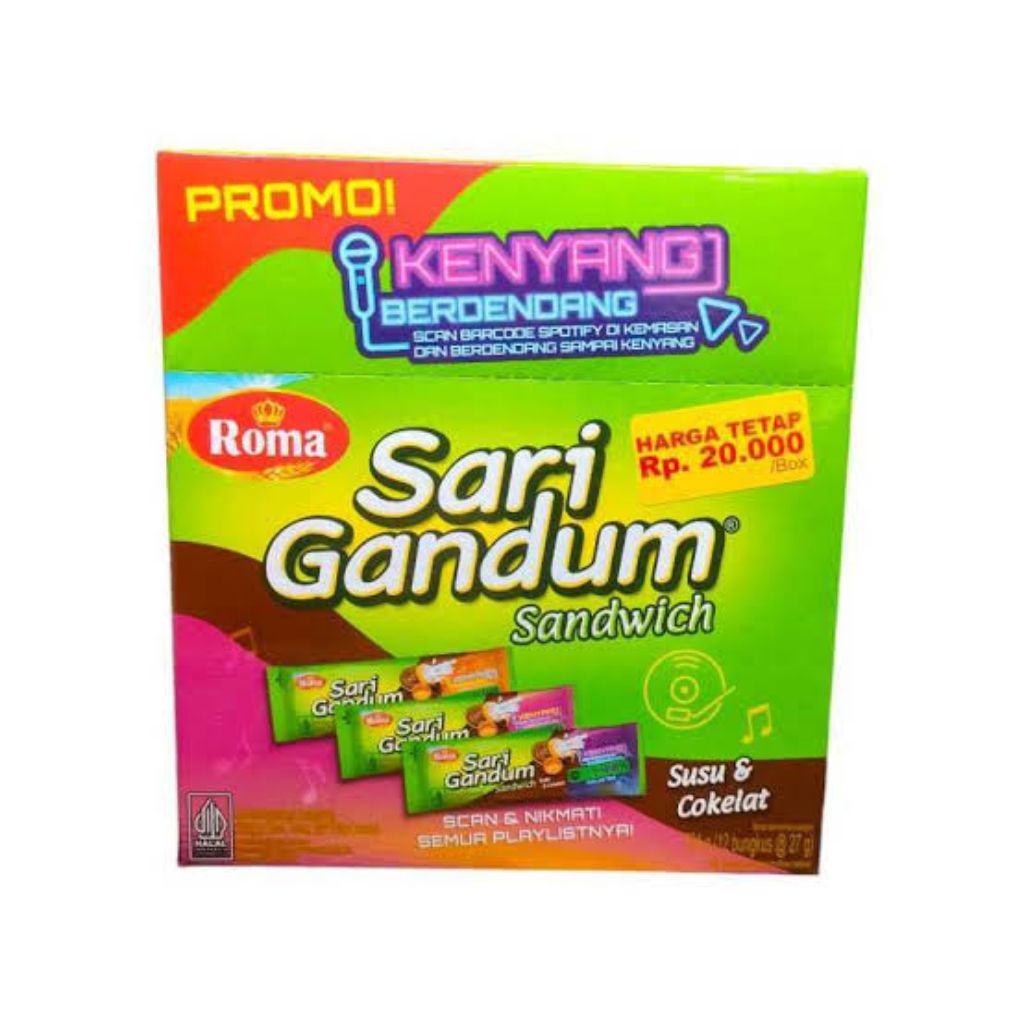 

ROMA SARI GANDUM SANDWICH SUSU DAN COKELAT 1 PACK ISI 12 PCS X 39 GR
