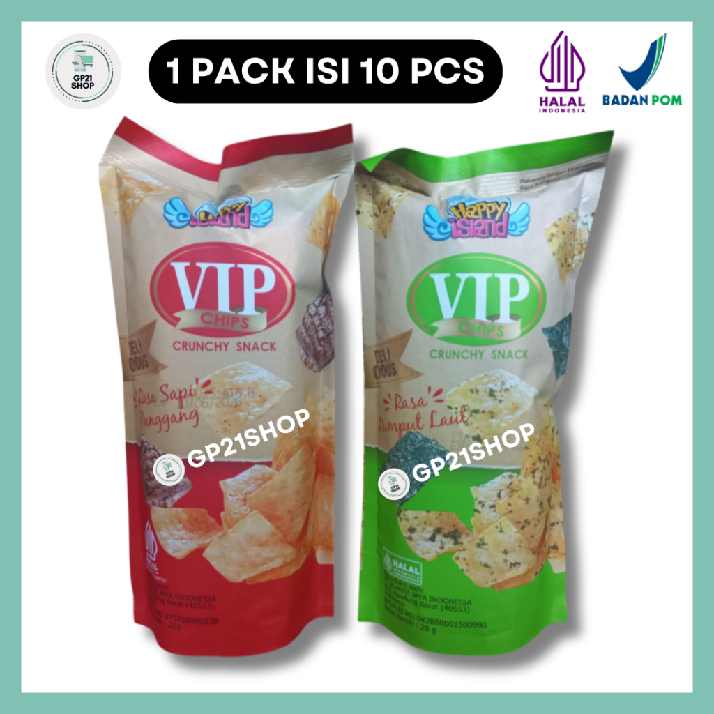

Happy Island VIP Chips Crunchy Snack 1 PACK (10 PCS x 28gr) - Keripik Cemilan Murah Enak