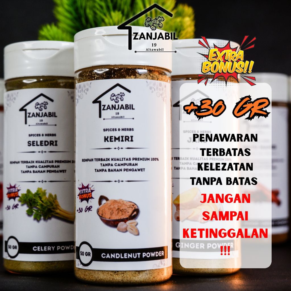 

Kemiri Bubuk Organik Zanjabil 50gr + Bonus 30gr Rempah Dapur Premium Sumber Nutrisi Keluarga