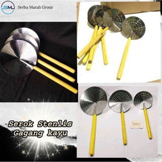serok penggorengan/serok stenlis gagang kayu/peniris gorengan/serok stenlis kecil