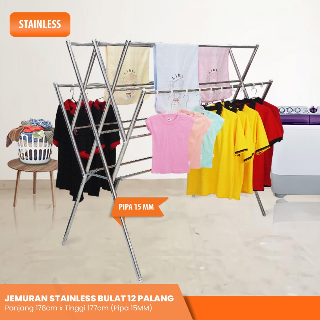 JEMURAN STAINLESS Jemuran Baju pakaian Besar 12 Palang Besi Stainless Pipa 15mm