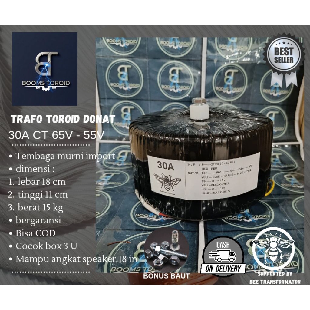 trafo toroid donat 30A CT 65V - 55V murni
