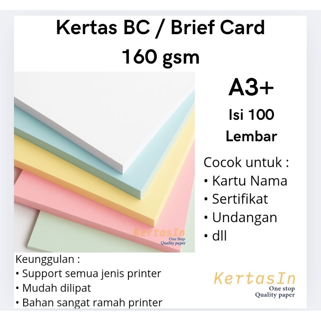 

Kertas BC 160 gsm A3+ Isi 100 Lembar Warna Pastel – Karton Manila / Brief Card Tebal - Cocok Untuk Cover, Undangan, Sertifikat dan Kartu Nama.