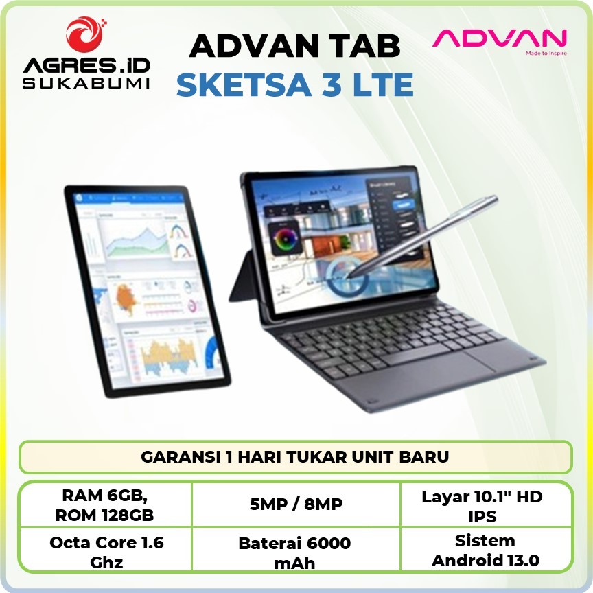 Advan Tablet Sketsa 3 6/128GB | Layar 10.1"hd ips , tab 10 inch support pen  - Ram 6GB + 128GB - Gar