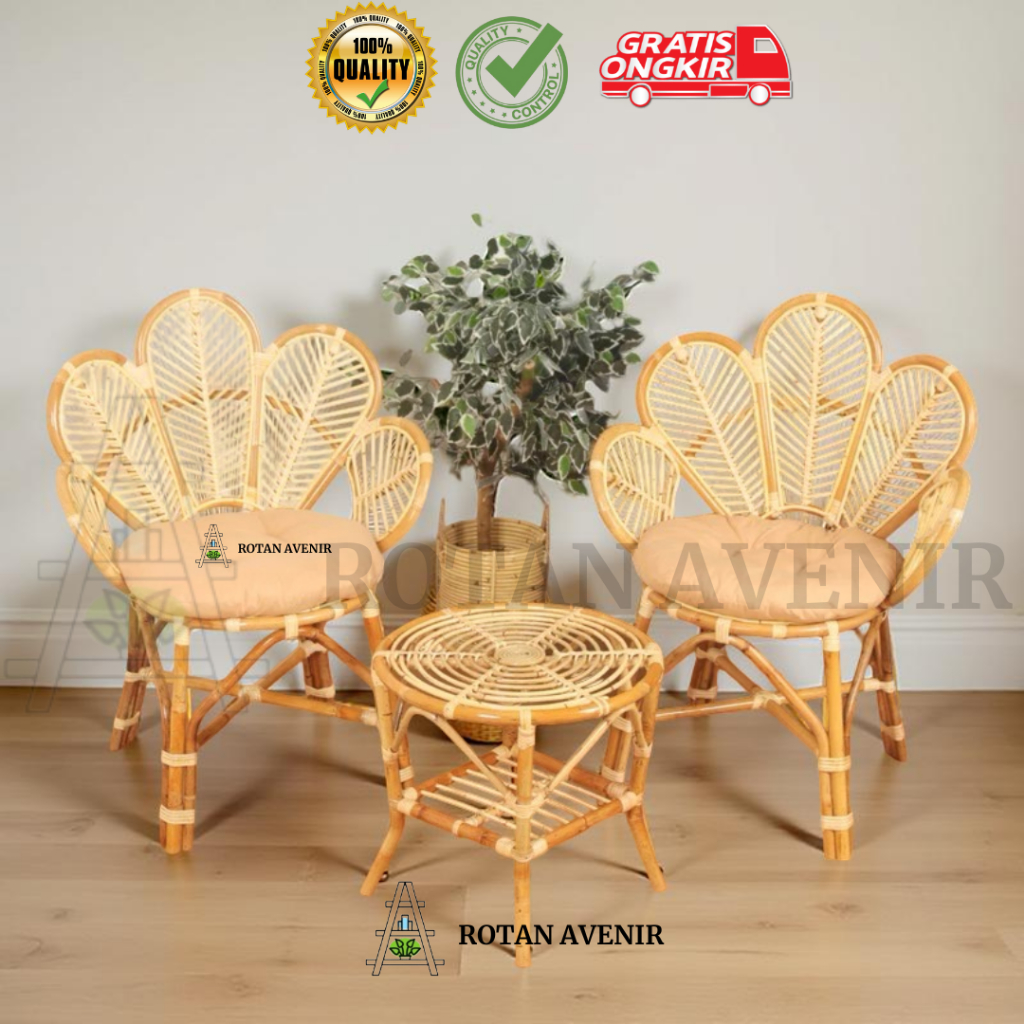 KURSI TERAS ROTAN (DAUN) 1 SET + MEJA  / KURSI ROTAN TERAS