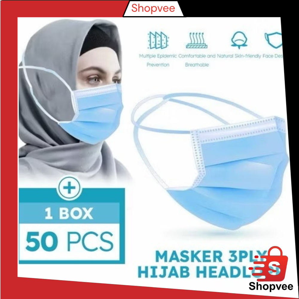 Shopvee 1BOX (50 PCS) Masker HEADLOOP HIJAB 3 Ply 3Ply Kemenkes Full Hitam Putih Biru 1 box isi 50 P