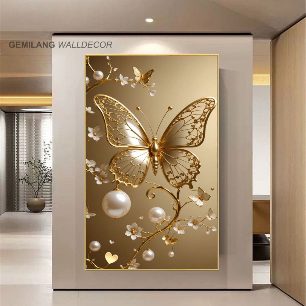 Wallpaper Dinding 3D Motif Kupu-Kupu & Mutiara Gold Hiasan Dinding Premium Bahan Sticker