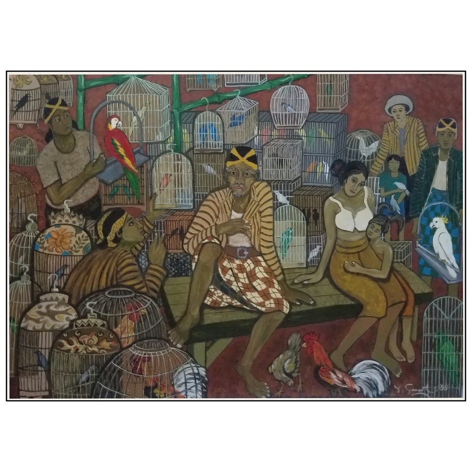 Lukisan Pasar Burung Karya Maestro Tatang Ganar 1998 Sertifikat