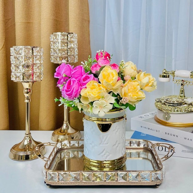 [VAES] Pajangan Tas Vas Keramik LV03 Putih Emas | Vas Bunga Gold White Minimalis | Dekorasi Mewah Ru