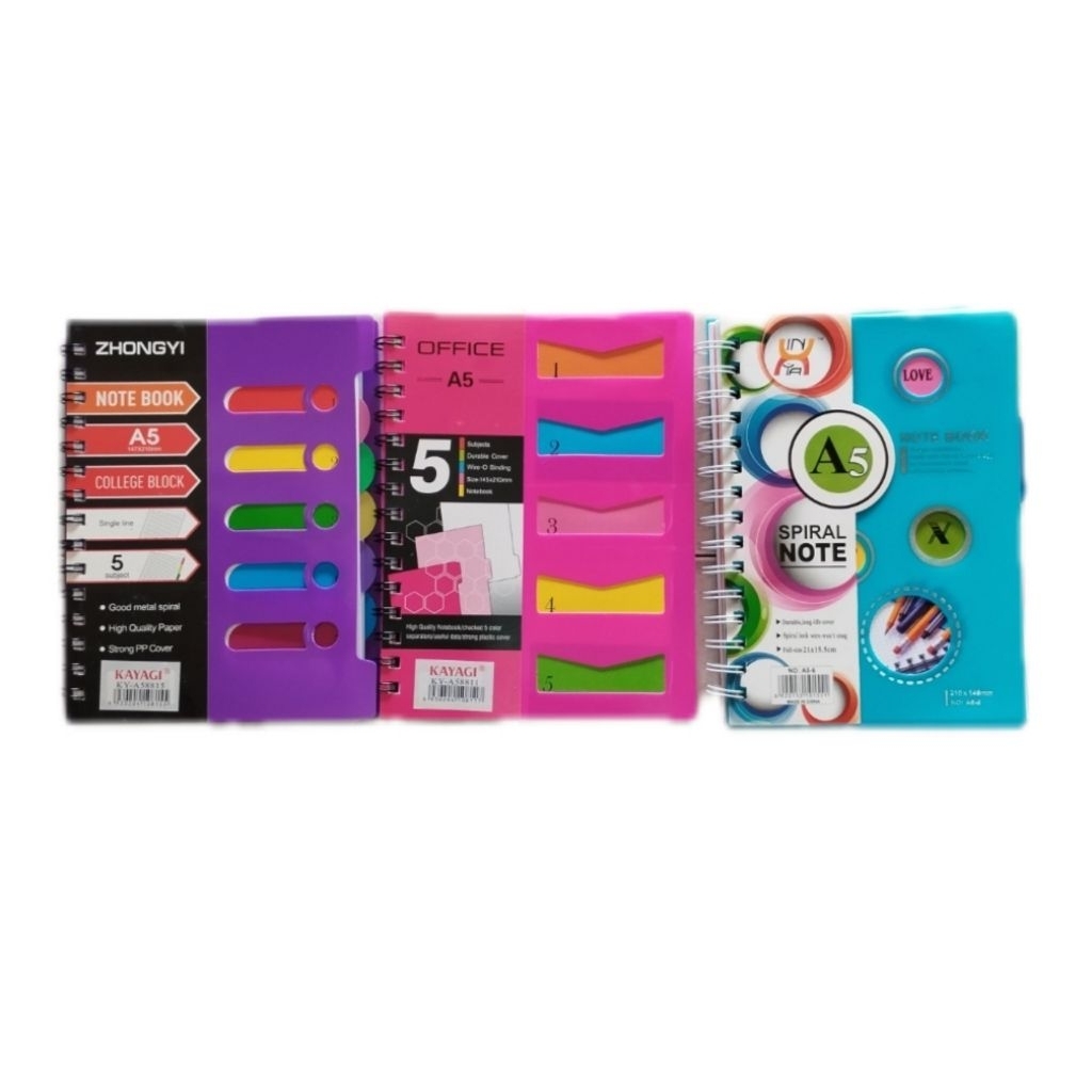 

Note Book Spiral College index Size A5 x 96L & 115 Lembar 5 Subject/Tab, Cover Plastik Variasi Warna