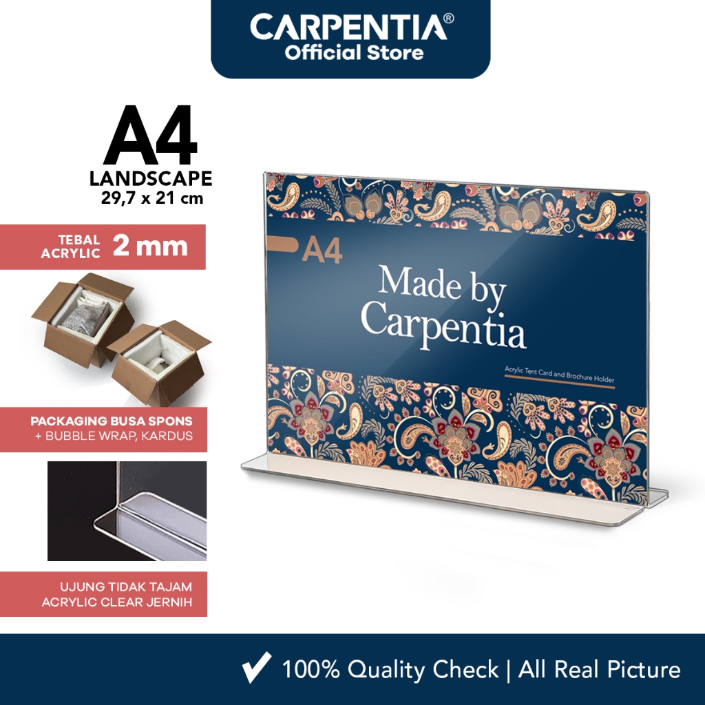 

Carpentia | Acrylic Standing Tipe T - A4 Horizontal Landscape 29,7x21 cm - [Akrilik Display Brosur]