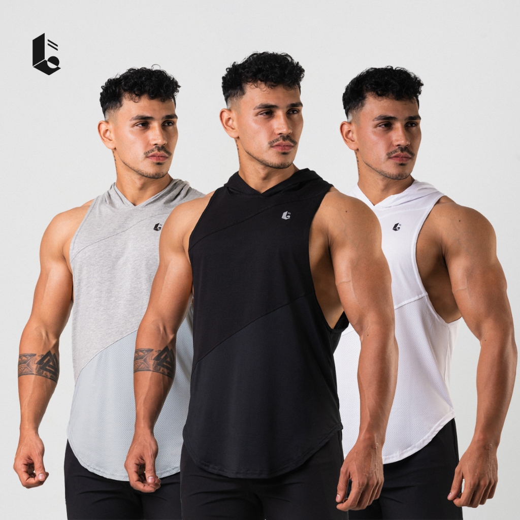 Hoodie Sleeveless Baju Singlet Olahraga Tank Top Low Cut Jaket Sport Kaos Tanpa Lengan Gym Lari Pria