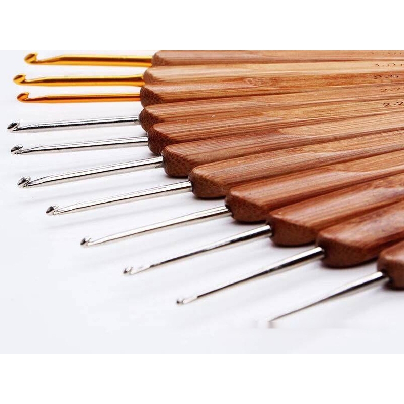 Hakpen Jarum Rajut Crochet Gagang Kayu Bambu ukuran 0,5 - 3,5 mm