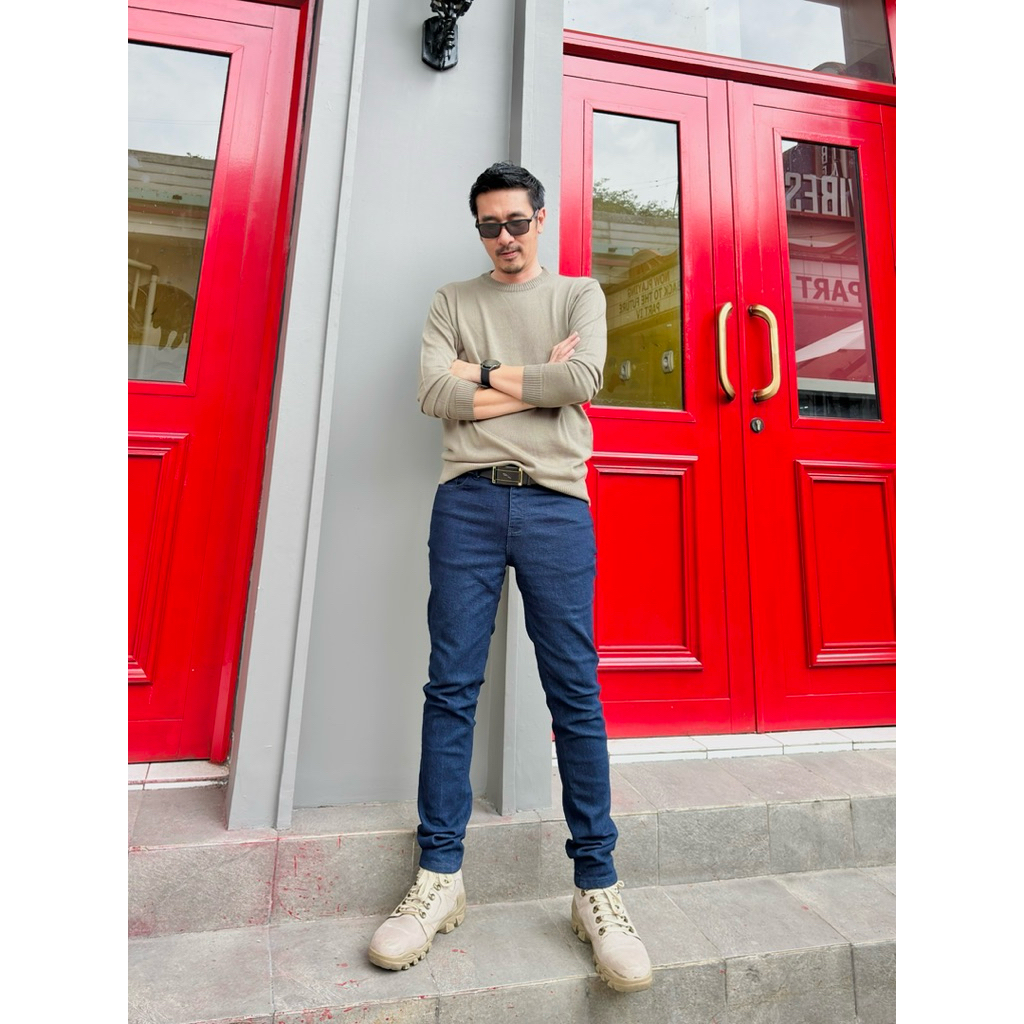 Oeloey Stretch Jeans Dark Blue-Black Slim Fit Pria