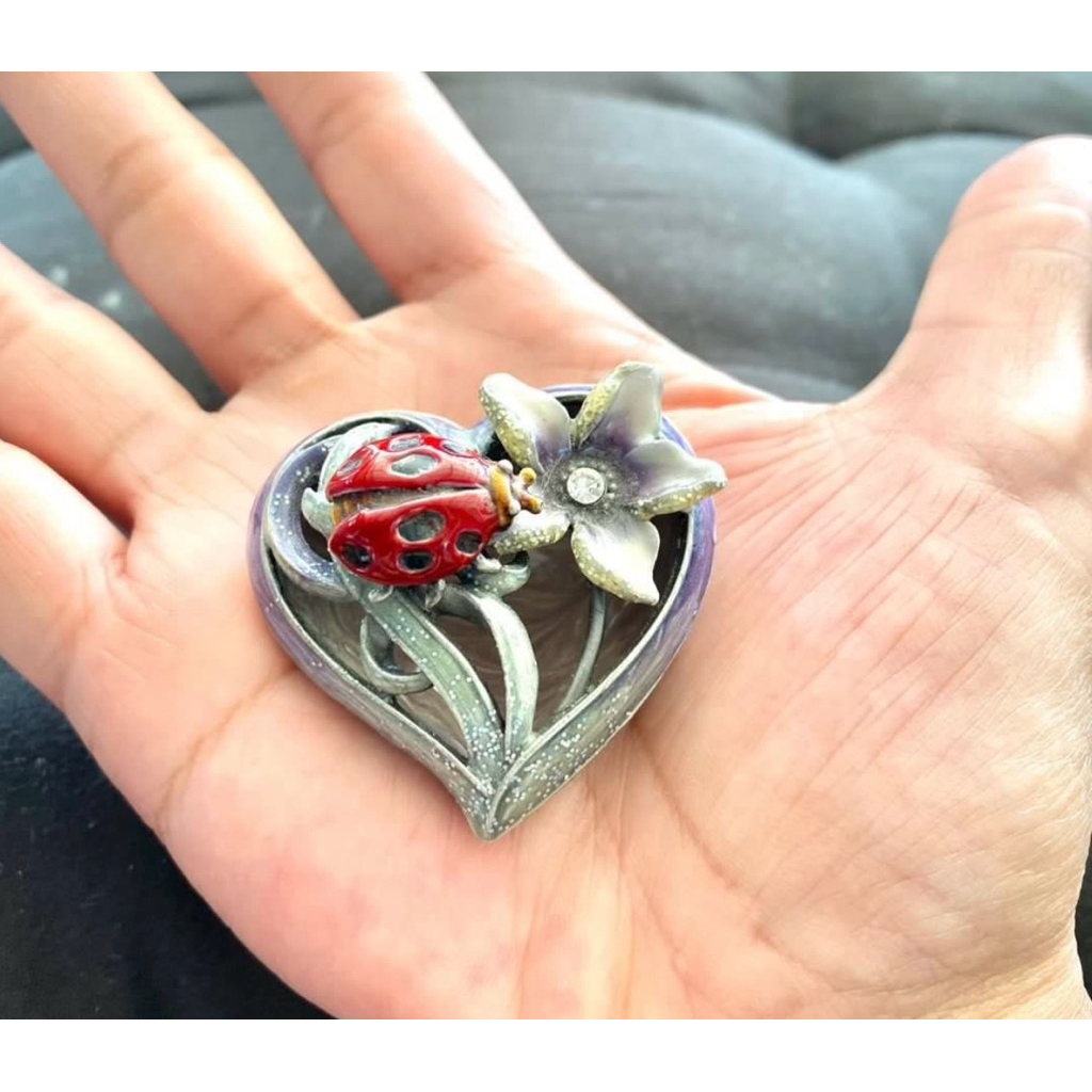 Vintage Ladybird & Flower Heart Trinket Box – Enamel & Rhinestones