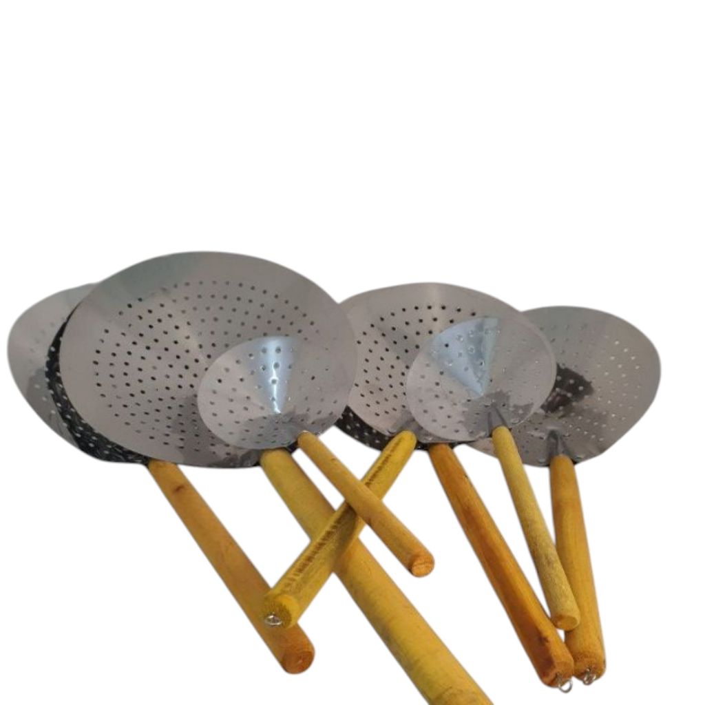 Serokan Penggorengan Steanlist Gagang Kayu Ukuran Kecil,Sedang,Besar Dan Jumbo