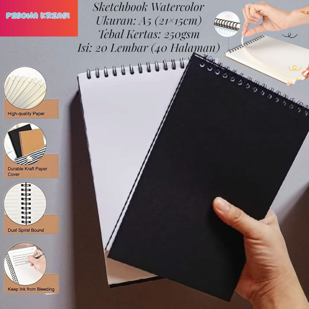 

Premium Sketchbook Watercolor Buku Gambar Sketsa Tebal 250 gsm Ukuran A5 (Cover Hitam)