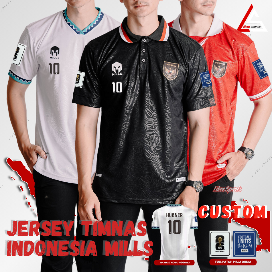 Jersey Timnas Indonesia Mills Merah Putih Hitam Size S-5XL Custom Pria dan wanita Unisex Home Away G