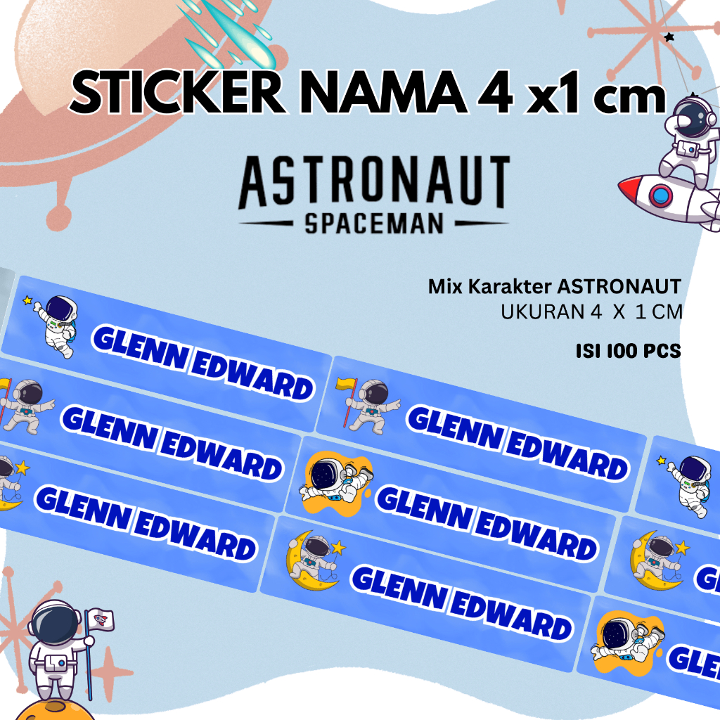 

100 pcs Siap kirim Sticker Nama Astronot Astronout Ready 4x1cm Custom Sticker Tahan Air