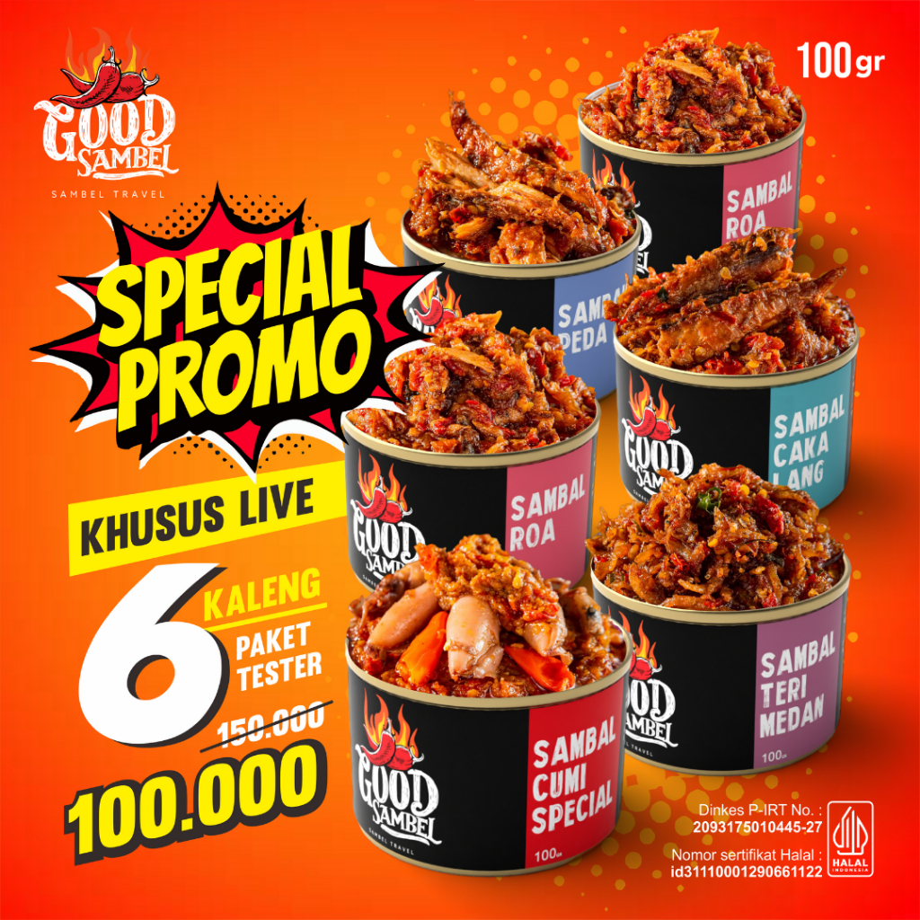 

PAKET TESTER GOOD SAMBEL Isi 6 pcs x 100g – Bisa Pilih Varian Rasa | Sambal Rumahan Premium