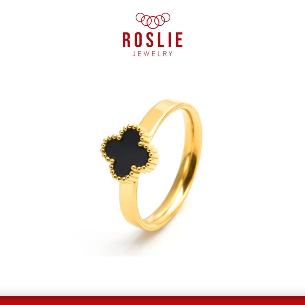 Cincin Motif Clover Mata Hitam Gerigi Titanium Anti Karat - Roslie Jewelry