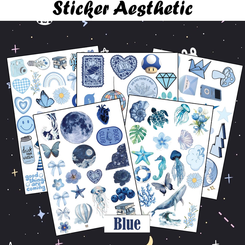 

Sticker Aesthetic A6 Biru Waterproof sticker tema warna stiker estetik anti air pack blue glossy Vintage jurnal color Deco Korea kawai lucu simple