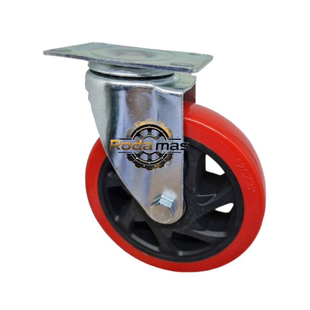 roda pu merah 5 inch hidup putar / roda troly 5in PU / roda etalase 5 in tanpa rem