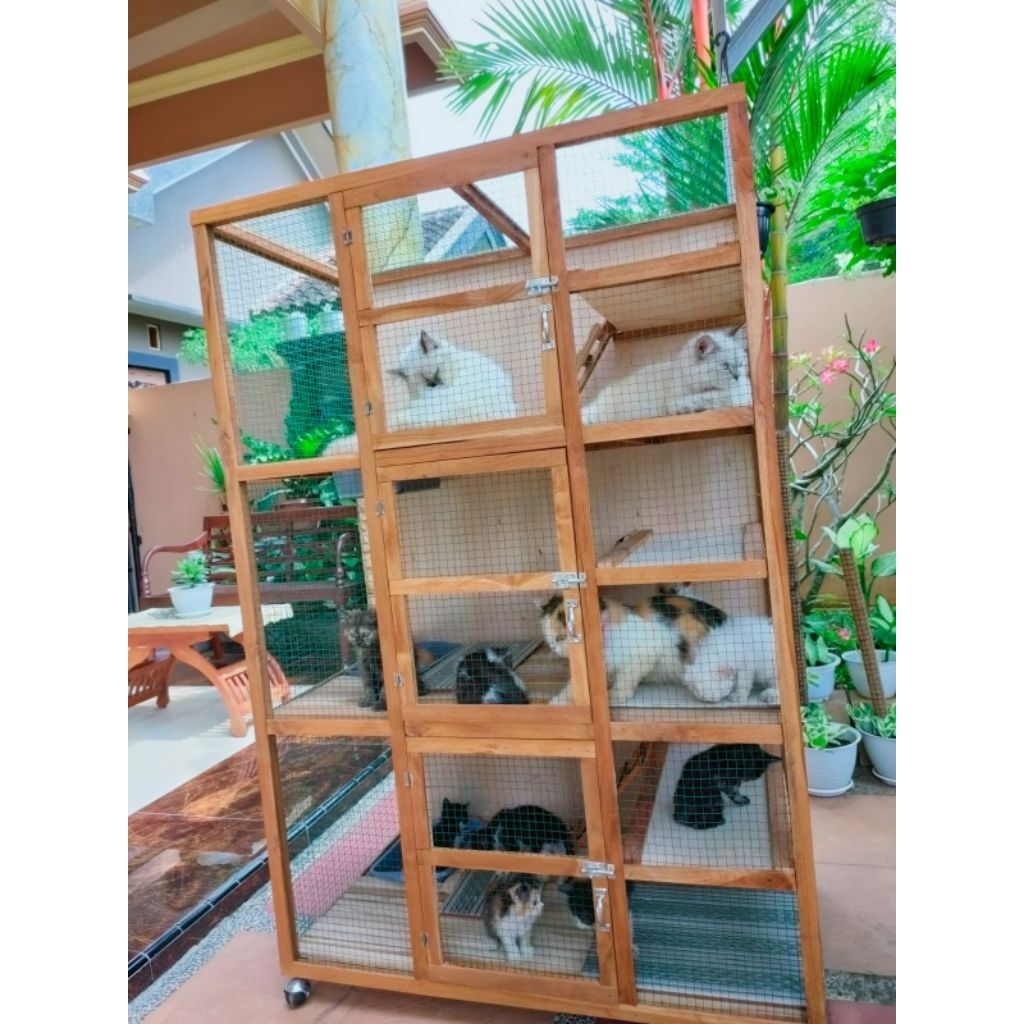 Ready stock Kandang Kucing Besar 3 Ruang Kayu Jati Mahoni