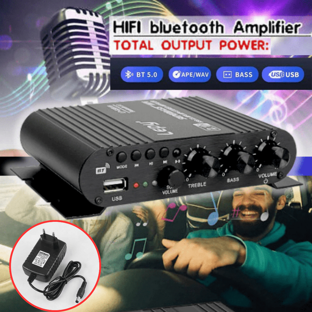 Lepy Audio Bluetooth 5.0 Amplifier Mobil with HiFi Sound Booster 12 V Dengan Adaptor Dan Remote