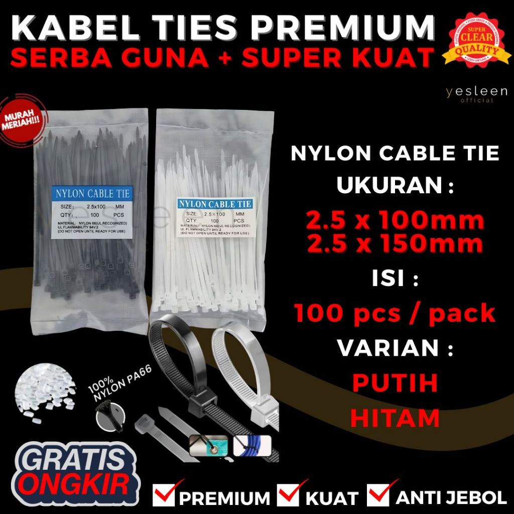 

[100 PCS ] KABEL TIES PUTIH / HITAM PREMIUM 2,5 X 100 mm , 2,5 X 150 mm 1 PACK ISI 100 PCS | KABEL TIS IKAT KUAT TEBAL UK 2.5x100m (10cm) / 2.5 x 150mm (15cm) TALI ROBOT TERMURAH