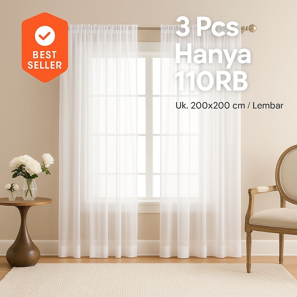 Vitrase Gorden Jendela Putih Plisket Serut 200x200 cm Isi 3 Pcs – Gorden Tipis Minimalis