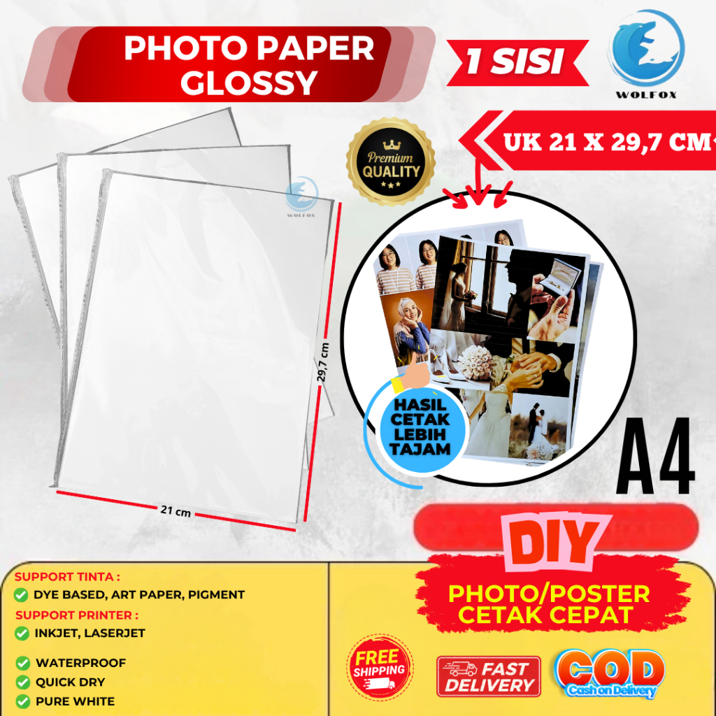 KERTAS FOTO GLOSSY A4 1 SISI ANTI AIR / PHOTO PAPER GLOSSY INKJET WATERPROOF