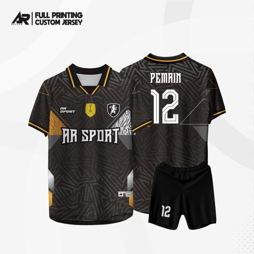 JERSEY BAJU KAOS FUTSAL KERAH RETRO / SEPAK BOLA / VOLI /SATU SET HITAM EMAS FULL PRINTING BEBAS NAM